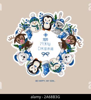 Postcard with cute baby animals on Christmas wear. Vector Stock Vector