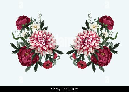 Bouquets with dahlia, peonies and wild flowers. Vector. Stock Vector
