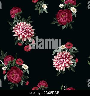 Seamless pattern with dahlia, peonies and wild flowers. Vector. Stock Vector