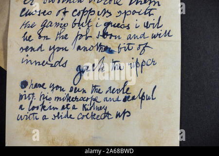 Replica memorabilia relating to Jack The Ripper: The Dr. Openshaw letter, sent to the medical examinor of a piece of kidney sent to George Lusk. Stock Photo