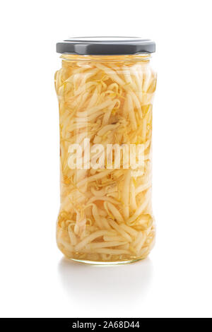 Preserved mung sprout in jar isolated on white background. Stock Photo