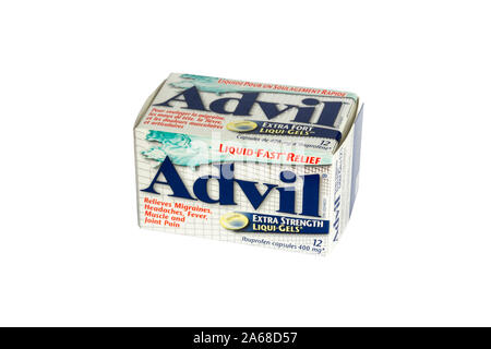 A box of Advil Ibuprofen capsules. Advil is a trade name for ibuprofen, a nonsteroidal anti-inflammatory drug. Stock Photo