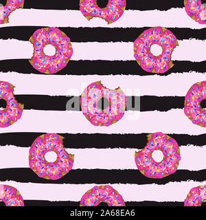 Seamless pattern with yummy donuts on striped background. Vector. Stock Vector