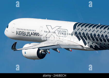 Demonstration flight of the Airbus A350 XWB long-range, twin-engine passenger airplane at the Maks 2019 airshow in Moscow. Stock Photo