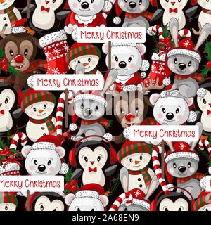 Seamless pattern with cute baby animals on Christmas wear. Vector. Stock Vector