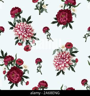 Seamless pattern with dahlia, peonies and wild flowers. Vector. Stock Vector