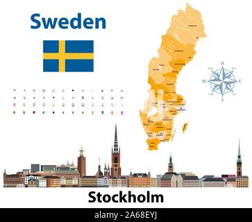 Vector illustration of Sweden counties map with Stockholm city skyline Stock Vector