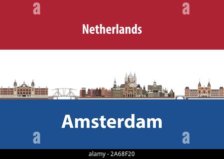 vector travel poster with Amsterdam city skyline silhouette and flag of Netherlands on background Stock Vector
