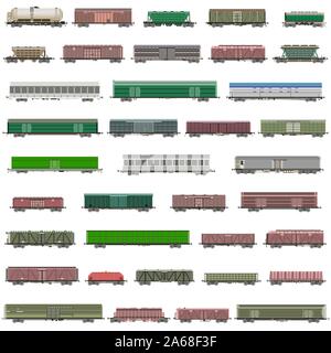 vector set of isolated railway trains, railcars, waggons, vans Stock Vector
