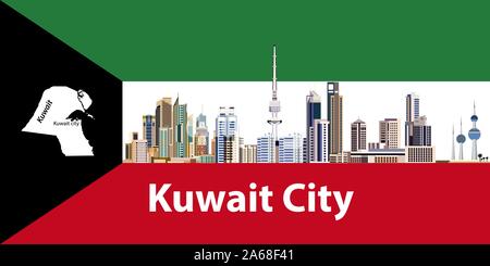Vector illustration of Kuwait city skyline with flag and map of Kuwait on background Stock Vector