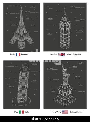Vector line art style illustration of world famous landmarks: Eiffel Tower, Big Ben, Tower of Pisa, Statue of Liberty Stock Vector