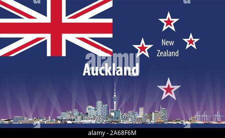 vector travel poster with Auckland city skyline silhouette and New Zealand flag on the background Stock Vector