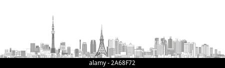 Tokyo cityscape line art style vector detailed illustration. Travel background Stock Vector