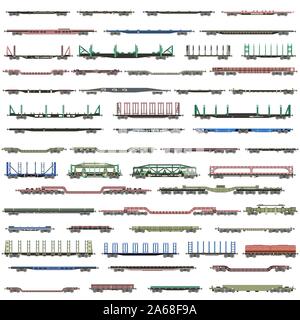 vector set of isolated deatiled icons of  railway trains, railcars, waggons and vans Stock Vector