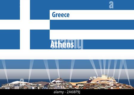 Vector illustration of Athens city skyline with flag of Greece on background Stock Vector