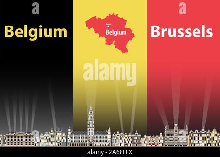 Vector illustration of Brussels city skyline with flag and map of Belgium on background Stock Vector