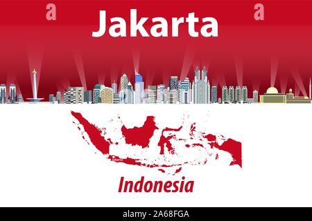 Vector illustration of Jakarta city skyline with flag and map of Indonesia on background Stock Vector