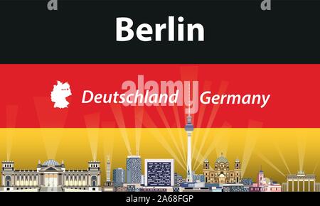 vector travel poster with Berlin city skyline silhouette and Germany flag on background Stock Vector