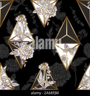 Seamless floral pattern with graphic flowers and triangles. Vector. Stock Vector