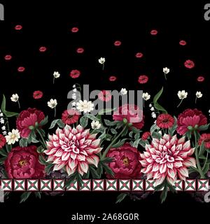 Seamless pattern with dahlia, peonies, wild flowers and geometrical elements. Vector. Stock Vector