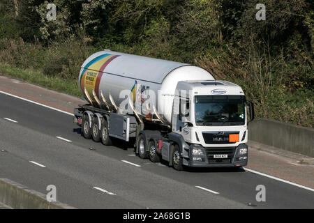 A Avanti Gas tanker transport articulated MAN semi truck traveling on the M6 motorway near Preston in Lancashire, UK Stock Photo