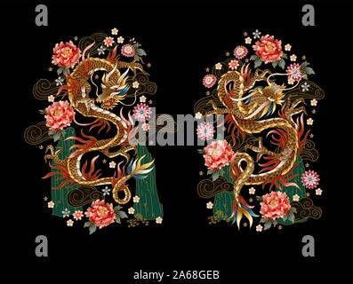 Chinese traditional dragon, peonies and sakura. vector. Stock Vector