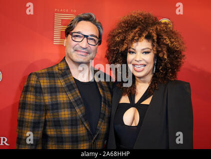 24 October 2019, Berlin: DJ Mousse T. comes with his girlfriend Khadra Sufi, author, to the charity event 'Place to B Playing for Charity' at the Provocateur Hotel Berlin. Photo: Annette Riedl/dpa Stock Photo