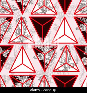 Seamless floral pattern with graphic flowers and triangles. Vector. Stock Vector