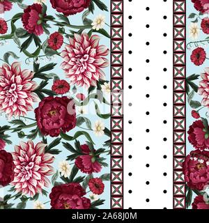 Seamless pattern with dahlia, peonies, wild flowers and geometrical elements. Vector. Stock Vector