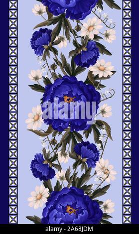 Seamless border with blue peonies. Vector. Stock Vector