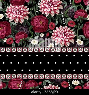 Seamless pattern with dahlia, peonies, wild flowers and geometrical elements. Vector. Stock Vector