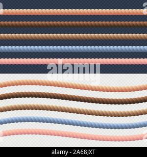 Different Rope Line Set. Vector. Different Color Rope Collection Twisted Nautical Cord for Borders or Frames. Vector illustration. Stock Vector