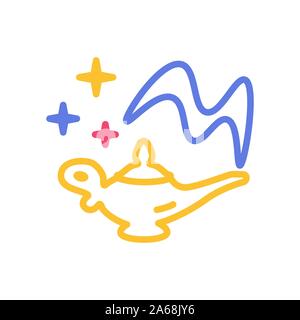 Magic lamp icon vector sign and symbol isolated on white background, Magic lamp logo concept with stars and m shaped smoke Stock Vector