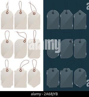 Realistic glass price tag. Glass label, paper sale tags mockup blank labels template shopping gift empty stickers with ropes tags vector set. Stock Vector
