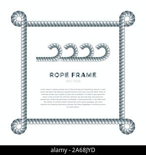White rope woven vector border with rope knots, square vector frame,. Isolated on white. Stock Vector