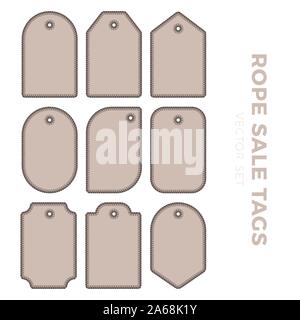 Set of blank gift tag labels for sale prices with rope outline. Rope frame Stickers of different round, square, rectangular other shapes. Stock Vector