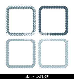 Vector set of square black monochrome rope frame. Collection of thick and thin borders isolated on the white background consisting of braided cord Stock Vector