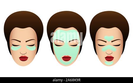 Set of Female Faces with variuos Beauty Masks. Cosmetic Procedure template. Vector illustration. Stock Vector