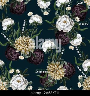 Seamless pattern with dahlia and peony in vintage style. Vector. Stock Vector