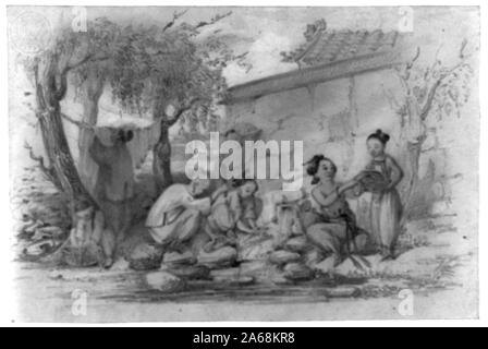 Rinsing Rope Women and girls, outside a building, washing clothes in a stream by ...