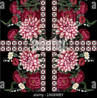 Seamless pattern with dahlia, peonies, wild flowers and geometrical elements. Vector. Stock Vector