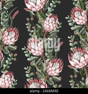 Seamless pattern with leaves, protea flowers and eucalyptus. Stock Vector