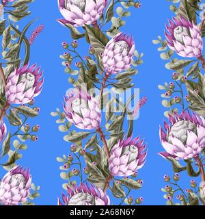 Seamless pattern with leaves, protea flowers and eucalyptus. Stock Vector