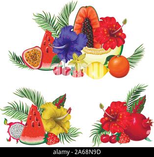 Exotic fruits bouquets isolated. Orange, papaya, dragon fruit. watermelon, strawberry and other Stock Vector