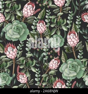 Seamless pattern with leaves, protea flowers, succulent and eucalyptus. Stock Vector