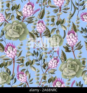 Seamless pattern with leaves, protea flowers, succulent and eucalyptus. Stock Vector