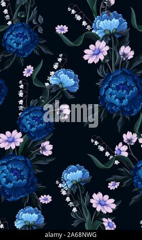 Seamless pattern with blue peonies. Vector. Stock Vector