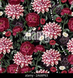 Seamless pattern with dahlia, peonies and wild flowers. Vector. Stock Vector
