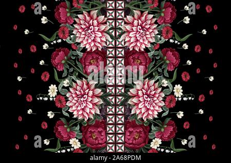 Seamless pattern with dahlia, peonies, wild flowers and geometrical elements. Vector. Stock Vector