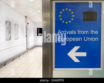 London, UK - 23 October 2019: A blue sign with the words 'Arrivals from the European Union' at London City Airport Stock Photo